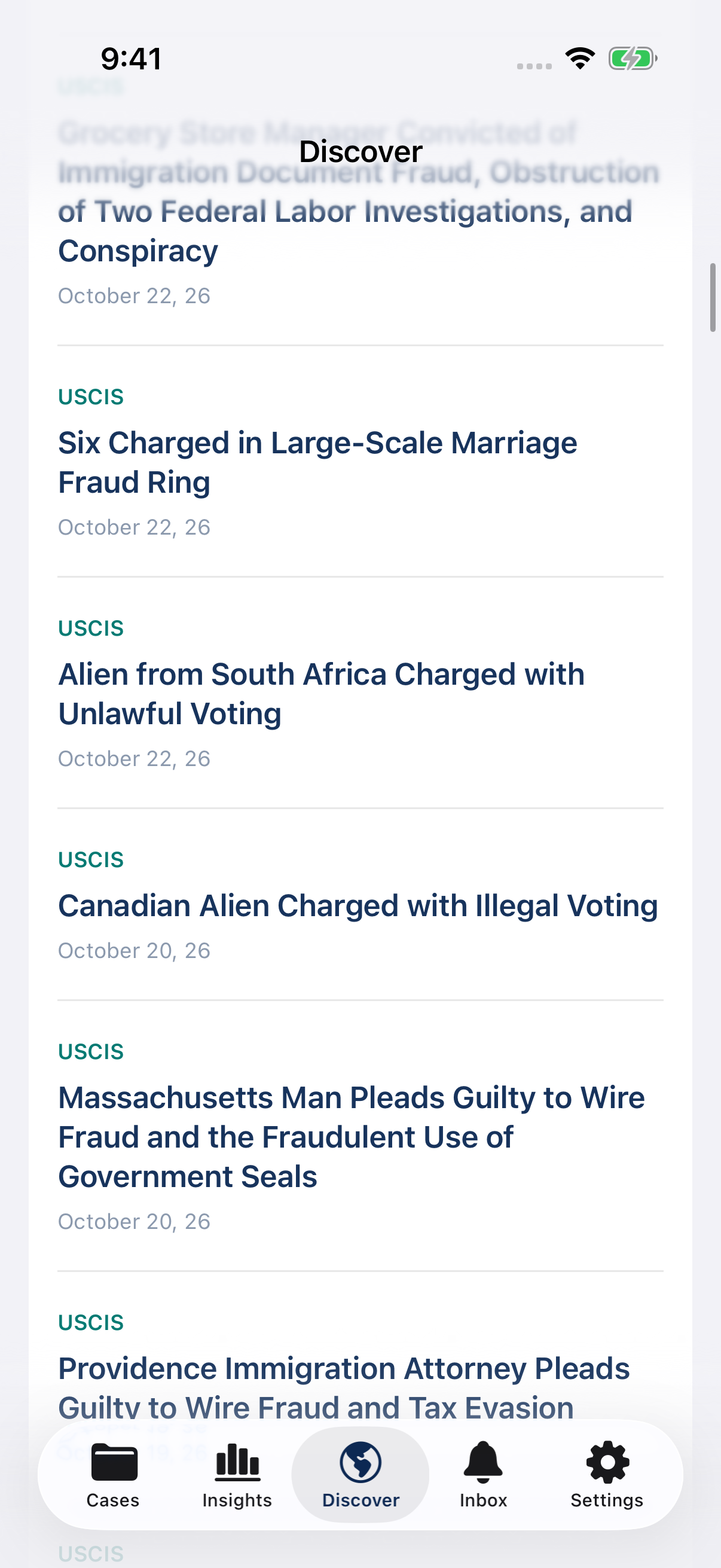 Case Tracker File native iOS Discover screen